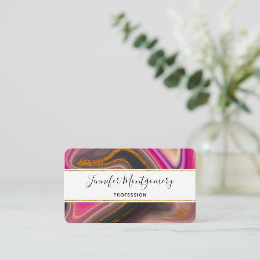 ピンクとブラックの抽象芸術と金ゴールド渦巻き 名刺 (スタンド正面)