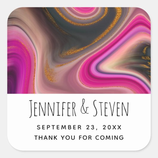 ピンクとブラックの抽象芸術と金ゴールド渦巻結婚き スクエアシール (正面)