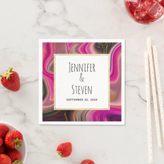 ピンクとブラックの抽象芸術と金ゴールド渦巻結婚き スタンダードカクテルナプキン (インサイチュ)