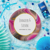 ピンクとブラックの抽象芸術と金ゴールド渦巻結婚き ペーパープレート (パーティー)