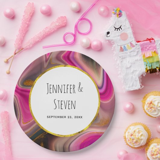 ピンクとブラックの抽象芸術と金ゴールド渦巻結婚き ペーパープレート (パーティー)