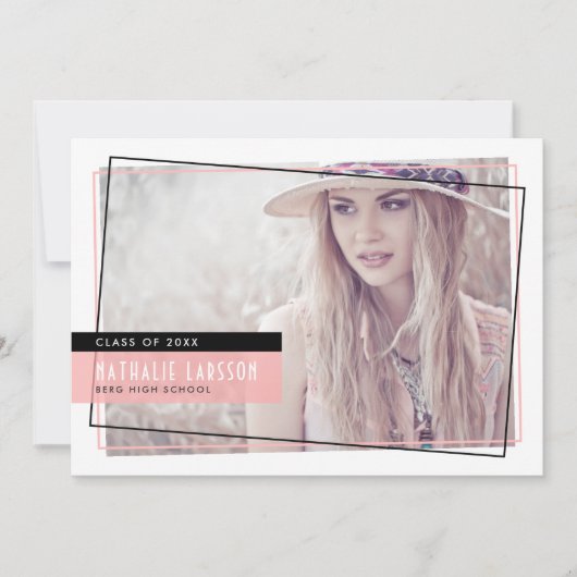 ピンクとブラックの抽象芸術フレームの写真卒業 招待状 (正面)