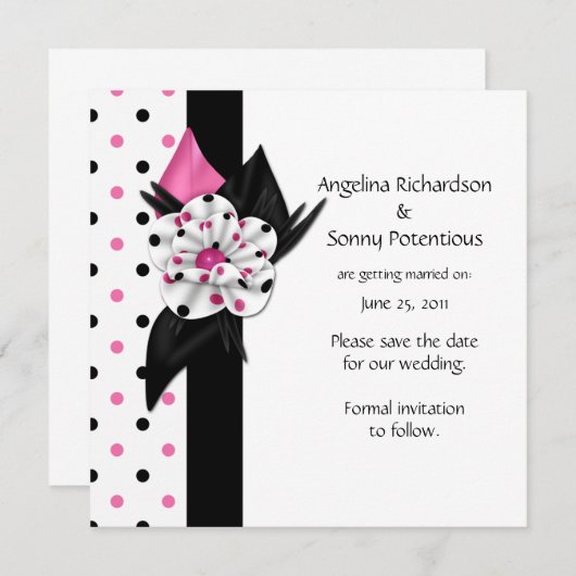 ピンクとブラックの水玉模様が日付を保存 招待状 (正面/裏面)