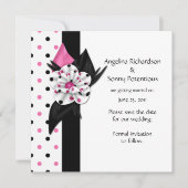 ピンクとブラックの水玉模様が日付を保存 招待状 (正面)