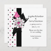 ピンクとブラックの水玉模様でおめでたい日を予告 招待状 (正面/裏面)