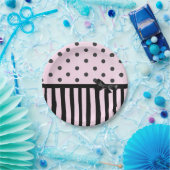 ピンクとブラックの水玉模様ストライプのパーティー紙プレート ペーパープレート (パーティー)