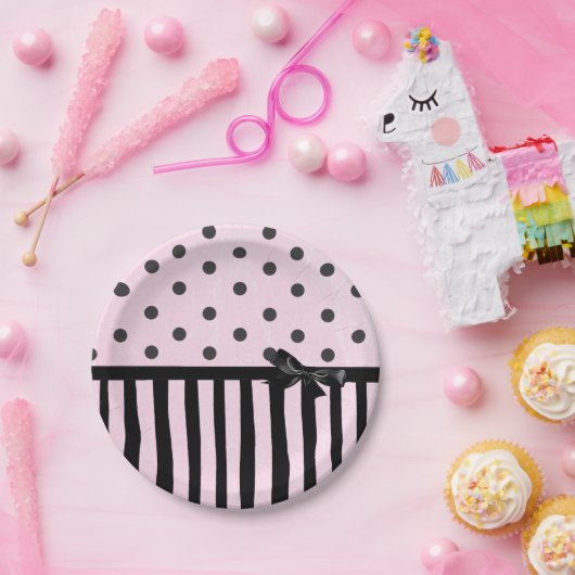 ピンクとブラックの水玉模様ストライプのパーティー紙プレート ペーパープレート (パーティー)