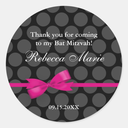 ピンクとブラックの水玉模様ボウバルミツワーの好意 ラウンドシール (正面)