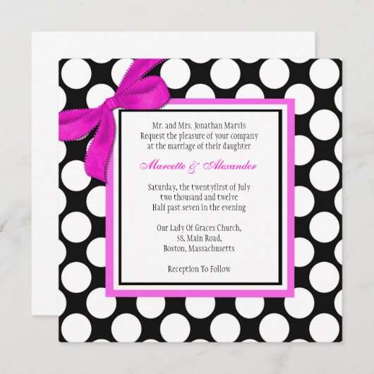 ピンクとブラックの水玉模様結婚式招待状 招待状 (正面/裏面)