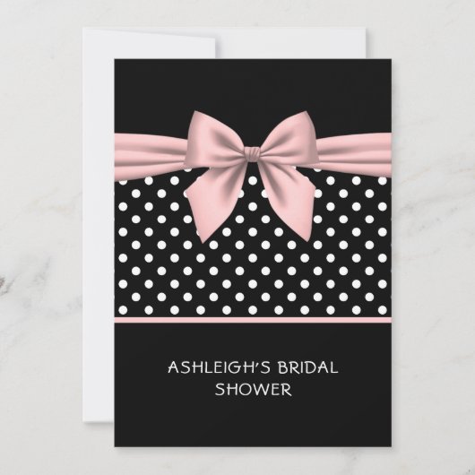 ピンクとブラックの水玉模様、ボウブライダルシャワー付き 招待状 (正面)