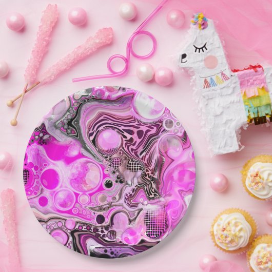 ピンクとブラックの流体アートの注絵画ぐエフェクト ペーパープレート (パーティー)
