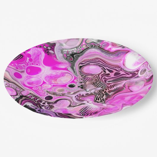 ピンクとブラックの流体アートの注絵画ぐエフェクト ペーパープレート (アングル)