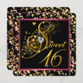 ピンクとブラックの紙吹雪Sweet sixteen 招待状 (正面/裏面)