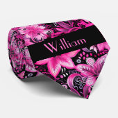 ピンクとブラックの花柄モノグラム ネクタイ (ロール)