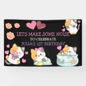 ピンクとブラックの赤ちゃん女の子の誕生日バナー 横断幕 (横)