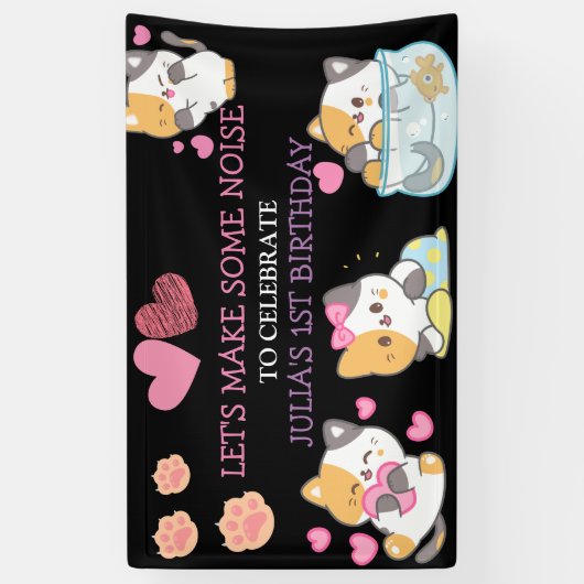 ピンクとブラックの赤ちゃん女の子の誕生日バナー 横断幕 (縦)