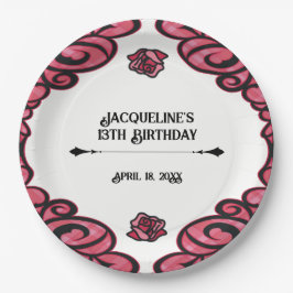 ピンクとブラックの門扉の薔薇のプリンセス 誕生日 ペーパープレート
