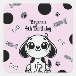 ピンクとブラックの魚の骨の子犬の誕生日パーティー スクエアシール