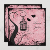 ピンクとブラックの鳥かご ラブバードの綿の招待状 招待状 (正面/裏面)