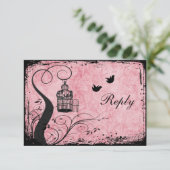 ピンクとブラックの鳥かご ラブバード 返信カード (スタンド正面)