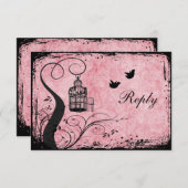 ピンクとブラックの鳥かご ラブバード 返信カード (正面/裏面)