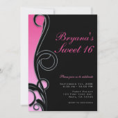 ピンクとブラックの chic でゴージャスなスワール スイート16パーティー 招待状 (正面)