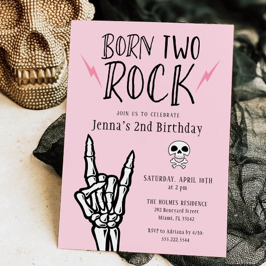 ピンクとブラックのBorn Two Rock 2歳の誕生日パーティー 招待状