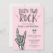 ピンクとブラックのBorn Two Rock 2歳の誕生日パーティー 招待状 (正面)
