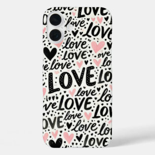 ピンクとブラックのLOVEとハート iPhone 16 PLUSケース