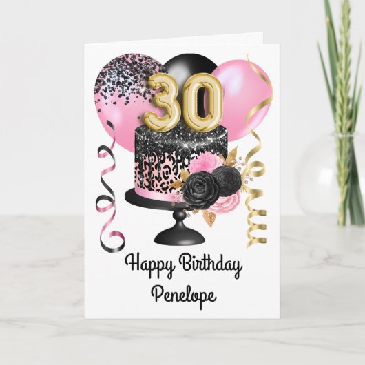ピンクとブラックゴールドのケーキ 30歳の誕生日 カード (正面)