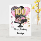 ピンクとブラックゴールドの100歳の誕生日 カード (黄色い花)