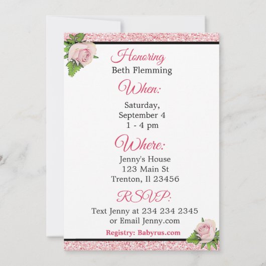 ピンクとブラックバラガールズベビーシャワー招待状 招待状 (裏面)