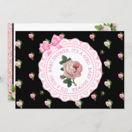 ピンクとブラックバラガールズベビーシャワー招待状 招待状