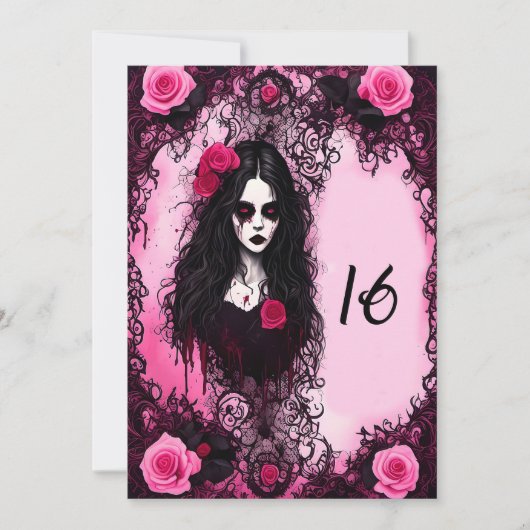 ピンクとブラックバラ幽霊ガールスウィート16誕生日 招待状 (正面)
