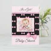 ピンクとブラックボウヴィンテージベビーシャワーの招待 招待状 (スタンド正面)