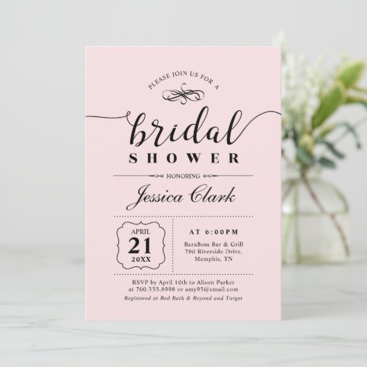 ピンクとブラック | エレガントウェディングブライダルシャワー 招待状 (スタンド正面)