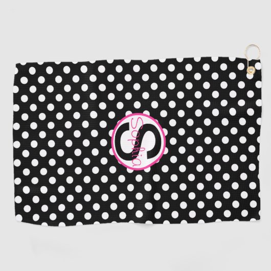 ピンクとブラック、名前とイニシャルと水玉模様 ゴルフタオル (横)