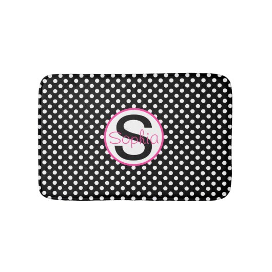 ピンクとブラック、名前とイニシャルと水玉模様 バスマット (正面)