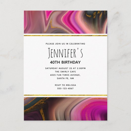 ピンクとブラック、金ゴールド渦巻き抽象芸術誕生日 インビテーションポストカード (正面)