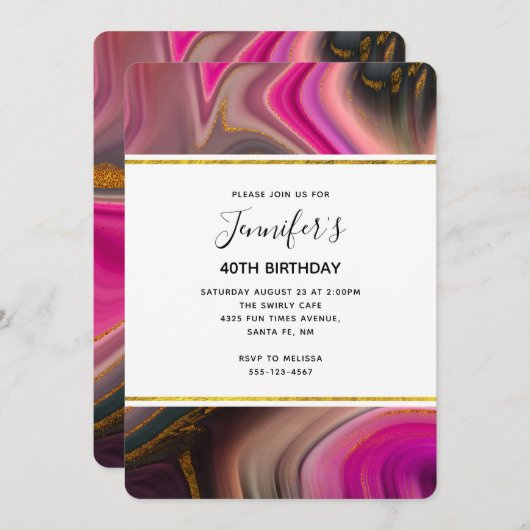 ピンクとブラック、金ゴールド渦巻き抽象芸術誕生日 招待状 (正面/裏面)