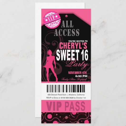ピンクとブラックVIPスイート16チケットパーティー 招待状 (正面/裏面)