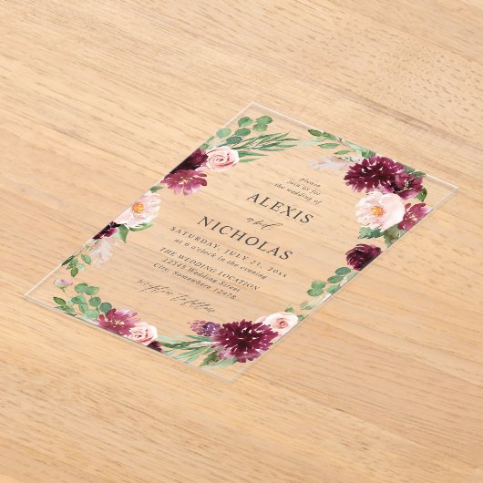 ピンクとブルゴーニュのフローラ7結婚s アクリル招待状 (レイダウン)
