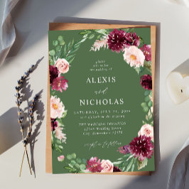 ピンクとブルゴーニュのフローラ7結婚s – 緑 招待状