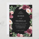 ピンクとブルゴーニュのフローラ7結婚s – 黒 招待状 (正面)