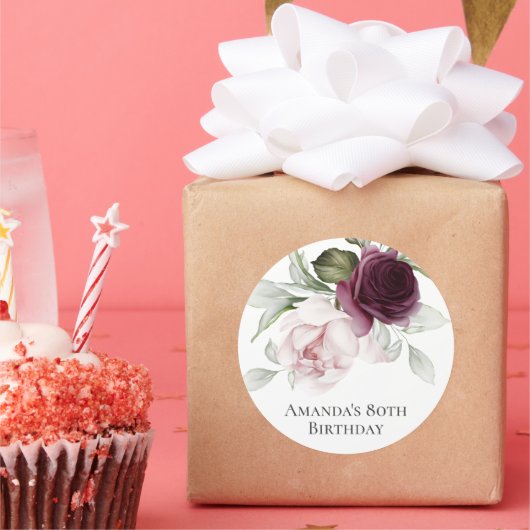 ピンクとブルゴーニュのフローラ80th誕生日パーティー ラウンドシール (パーティー)