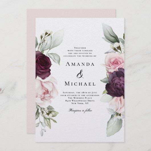 ピンクとブルゴーニュのロマンチック結婚フローラ 招待状 (正面/裏面)