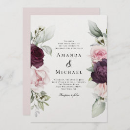 ピンクとブルゴーニュのロマンチック結婚フローラ 招待状