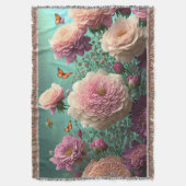 ピンクとブルゴーニュのヴィンテージ牡丹 スローブランケット (正面縦)