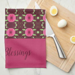 ピンクとブルゴーニュ キッチンタオル