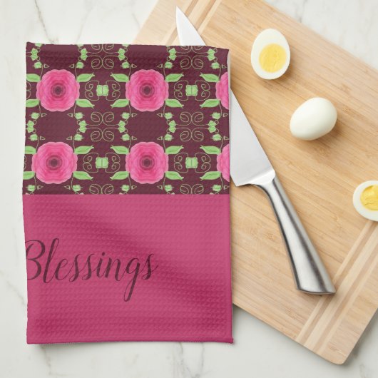 ピンクとブルゴーニュ キッチンタオル (四つ折り)